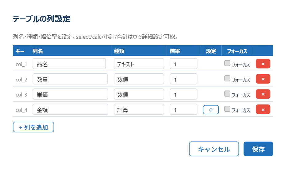 テーブルの列設定モーダル。品名・数量・単価・金額の列を種類ごとに設定している