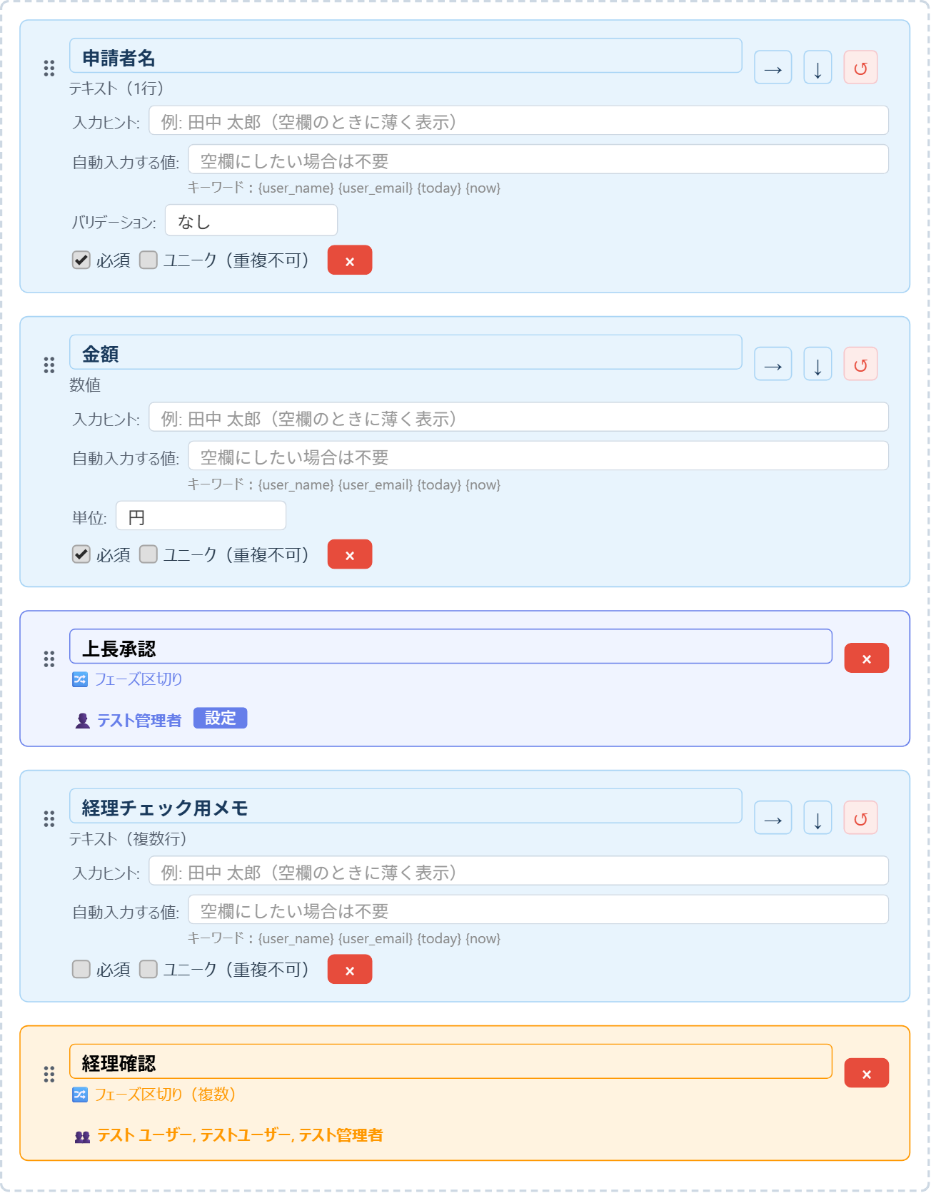 アプリ作成画面のフィールド配置エリア。申請者名・金額の後に「上長承認」フェーズ区切り、経理チェック用メモの後に「経理確認」フェーズ区切り(複数)を配置した例