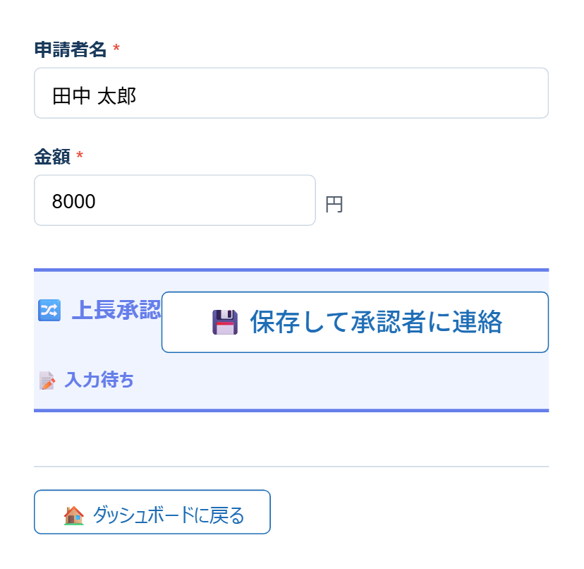 レコード入力フォーム。申請者名と金額を入力し、上長承認フェーズの「保存して承認者に連絡」ボタンが表示されている画面